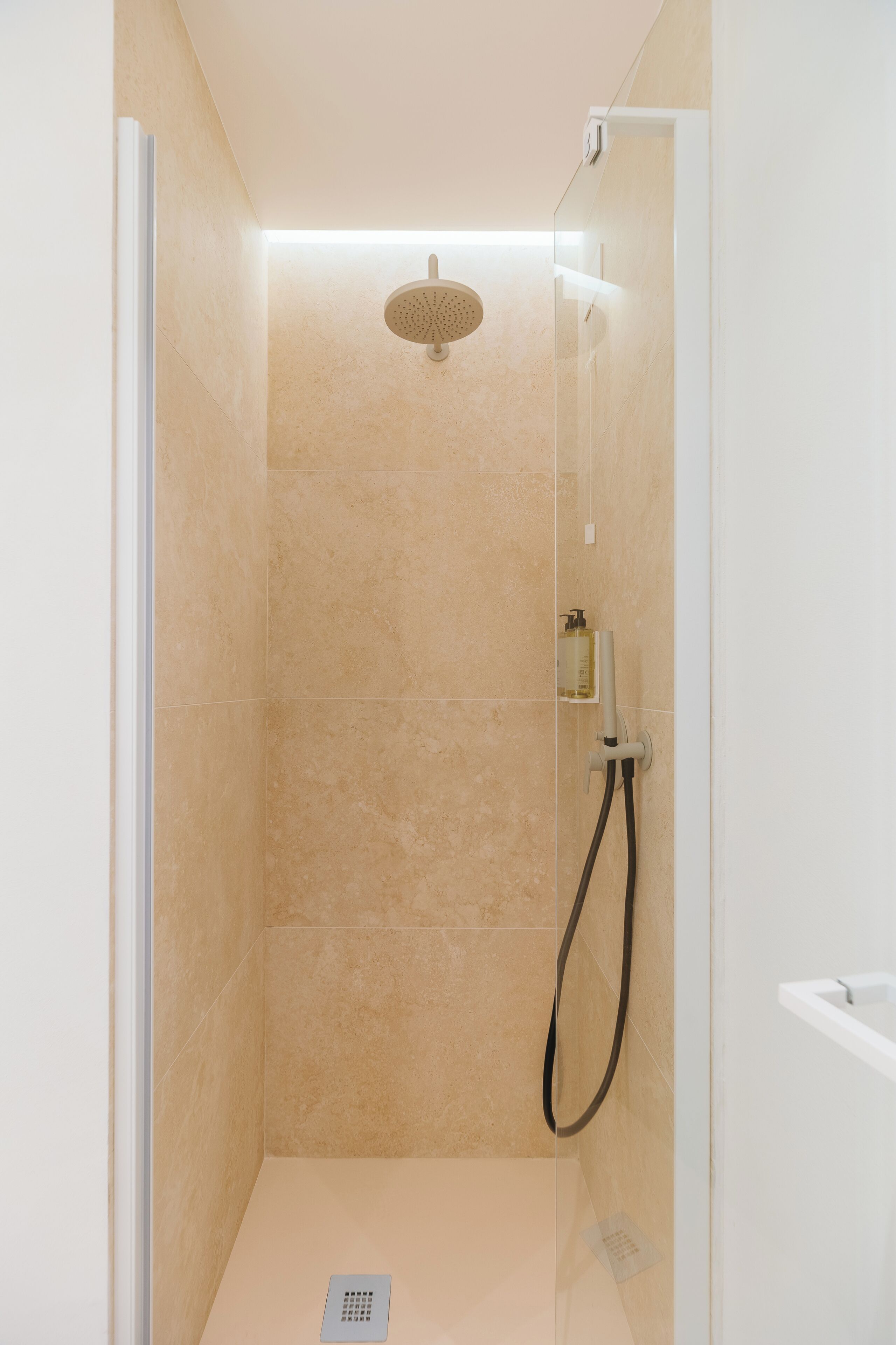 A modern shower with a handheld showerhead, a handheld shower hose, and a wall-mounted control panel.