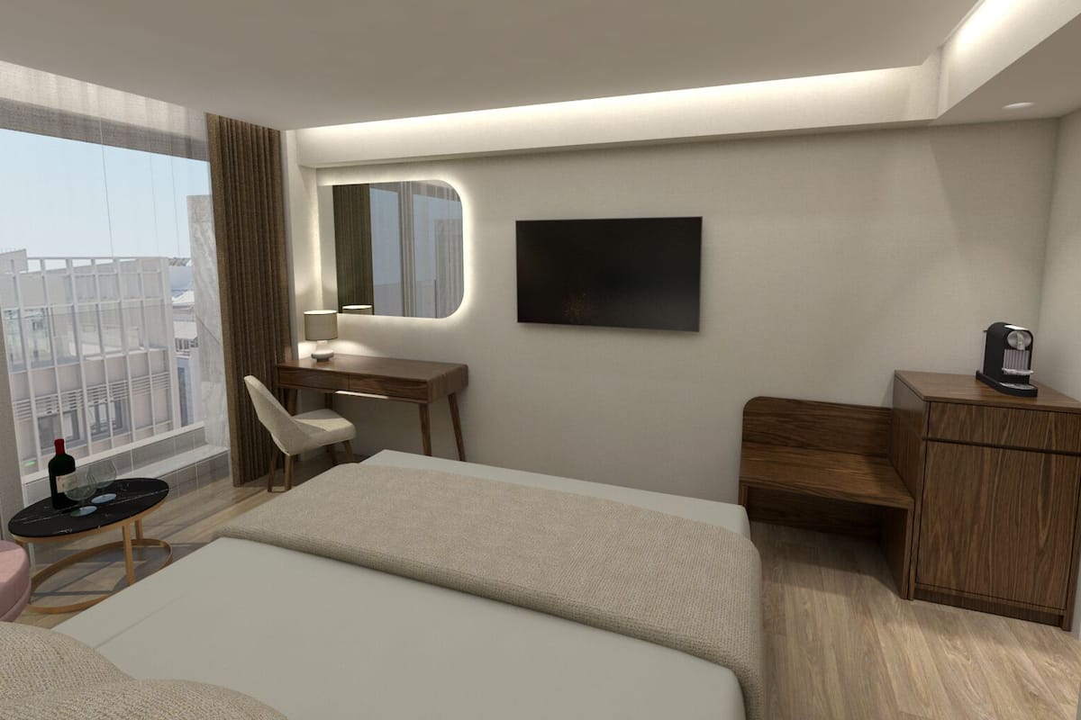 Quarto casal ou duplo superior, sacada, vista para a cidade | Cofres nos quartos, cortinas blackout, quartos à prova de som