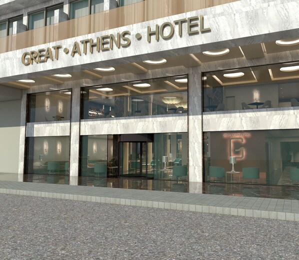 Exterior do Hotel Great Athens, com design moderno, com grandes janelas de vidro e entrada imponente.