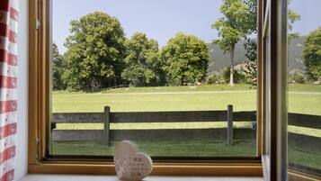 Una ventana con vistas a un campo cubierto de hierba, árboles y una valla de madera.
