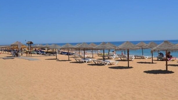 Una playa con tumbonas y sombrillas de paja.