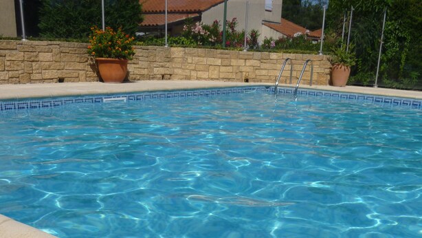 Ein Schwimmbecken mit klarem, blauem Wasser, umgeben von einer Steinmauer und Blumentöpfen.