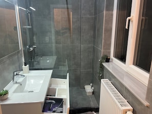 Shower, hair dryer, towels, soap