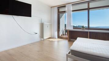 A bedroom with a bed, a radiator, a window with curtains, and a view of the outdoors.
