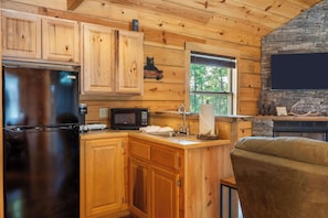 A wooden cabin interior with a black refrigerator, wooden cabinets, a stone fireplace, and a window with a view of trees. - Antlers Lodge – Cabin for 4 (Branson)