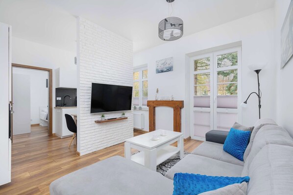 A modern living room with a flat-screen TV, a fireplace, and a sofa with blue cushions.