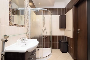 Shower, hair dryer, towels