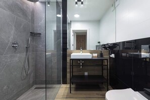 Shower, hair dryer, towels, shampoo