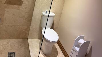 A bathroom with a shower, toilet, and a vanity with toiletries.