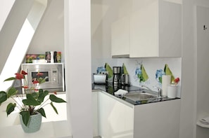 Fridge, microwave, stovetop, coffee/tea maker
