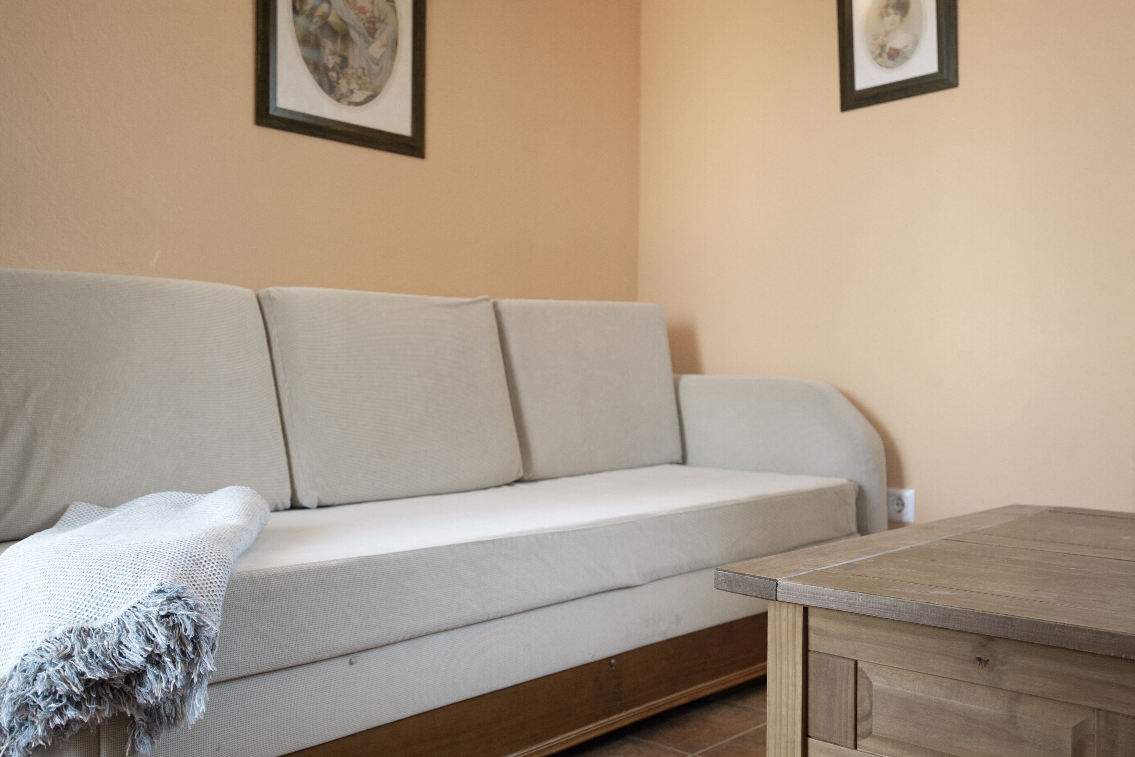 En beige sofa med et tæppe, et træbord og to billeder i rammer på væggen.