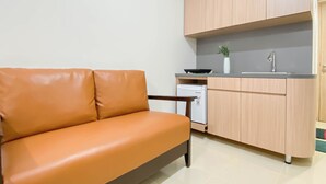 Un espace de vie compact comprenant un canapé, une kitchenette et des meubles de rangement en bois clair.