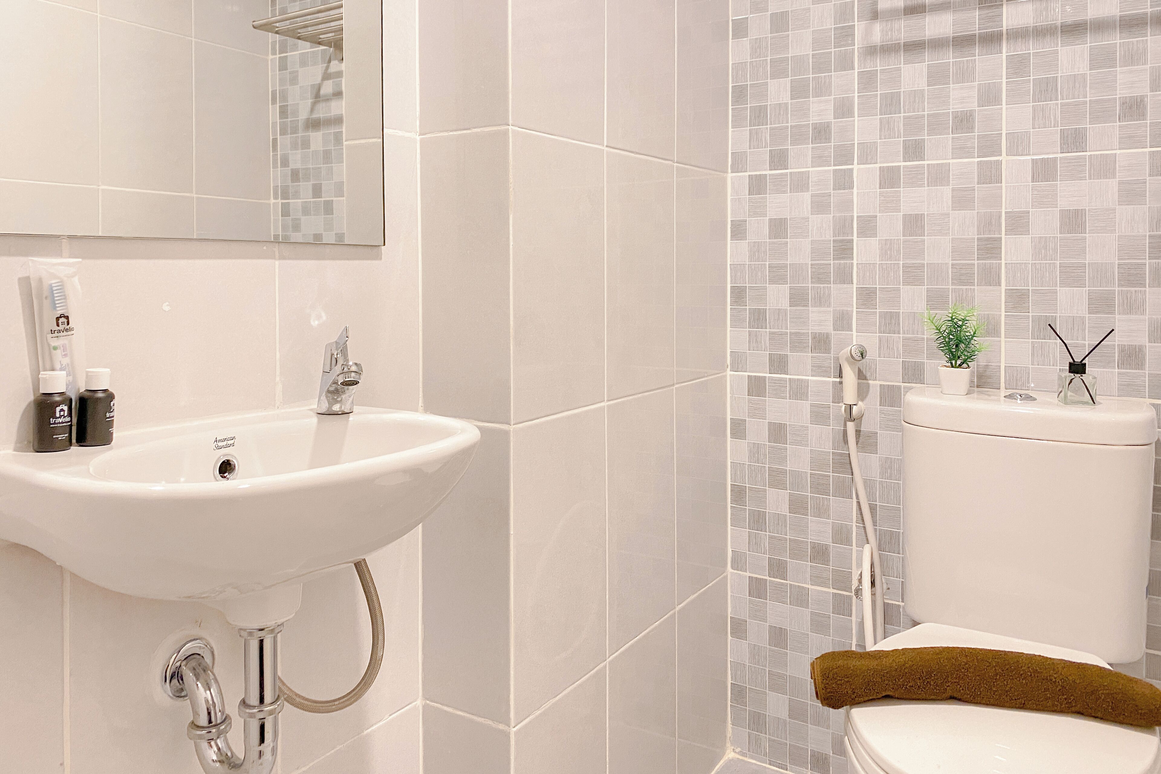 A bathroom with a white sink, a mirror, a toilet, and a small potted plant on the toilet tank.