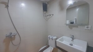Baño con inodoro, lavamanos, espejo y ducha.