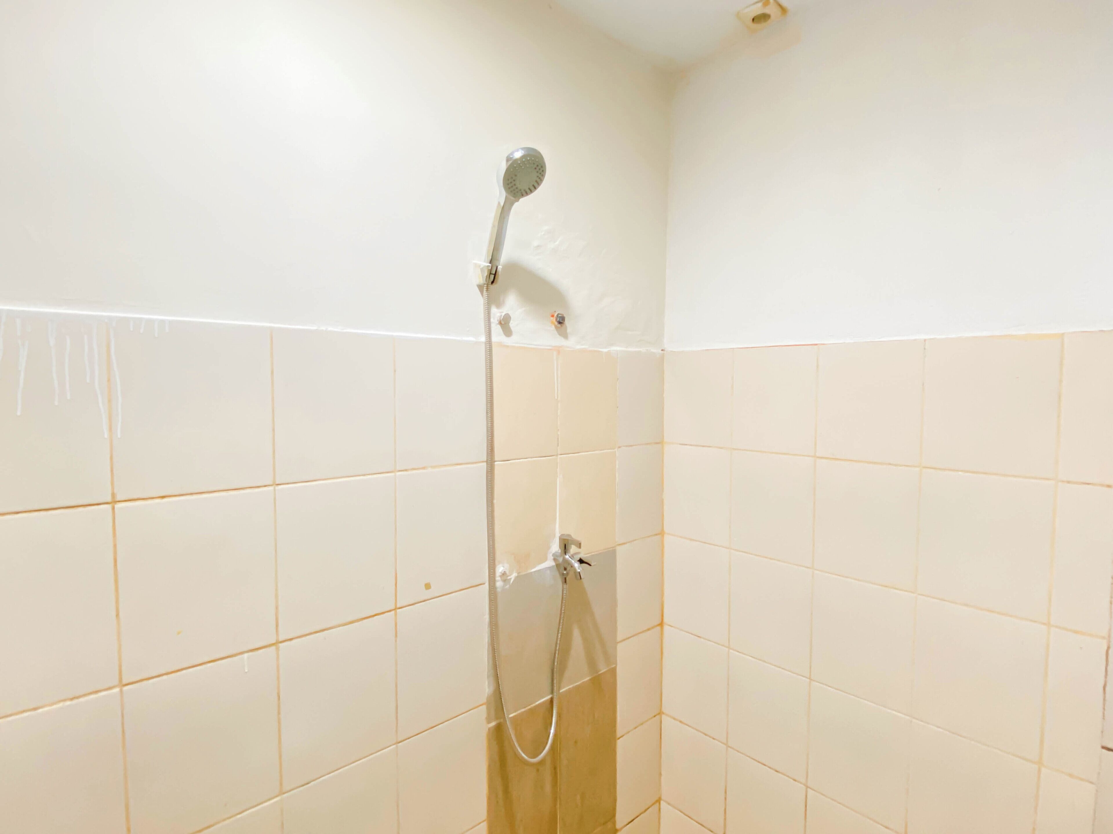 Eine Dusche mit Duschbrause und Wandarmatur in einem gefliesten Badezimmer.