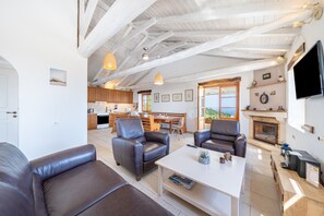 Televisión, chimenea, reproductor de DVD y estéreo 