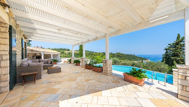 A covered patio with outdoor furniture, a swimming pool, and a view of the sea.