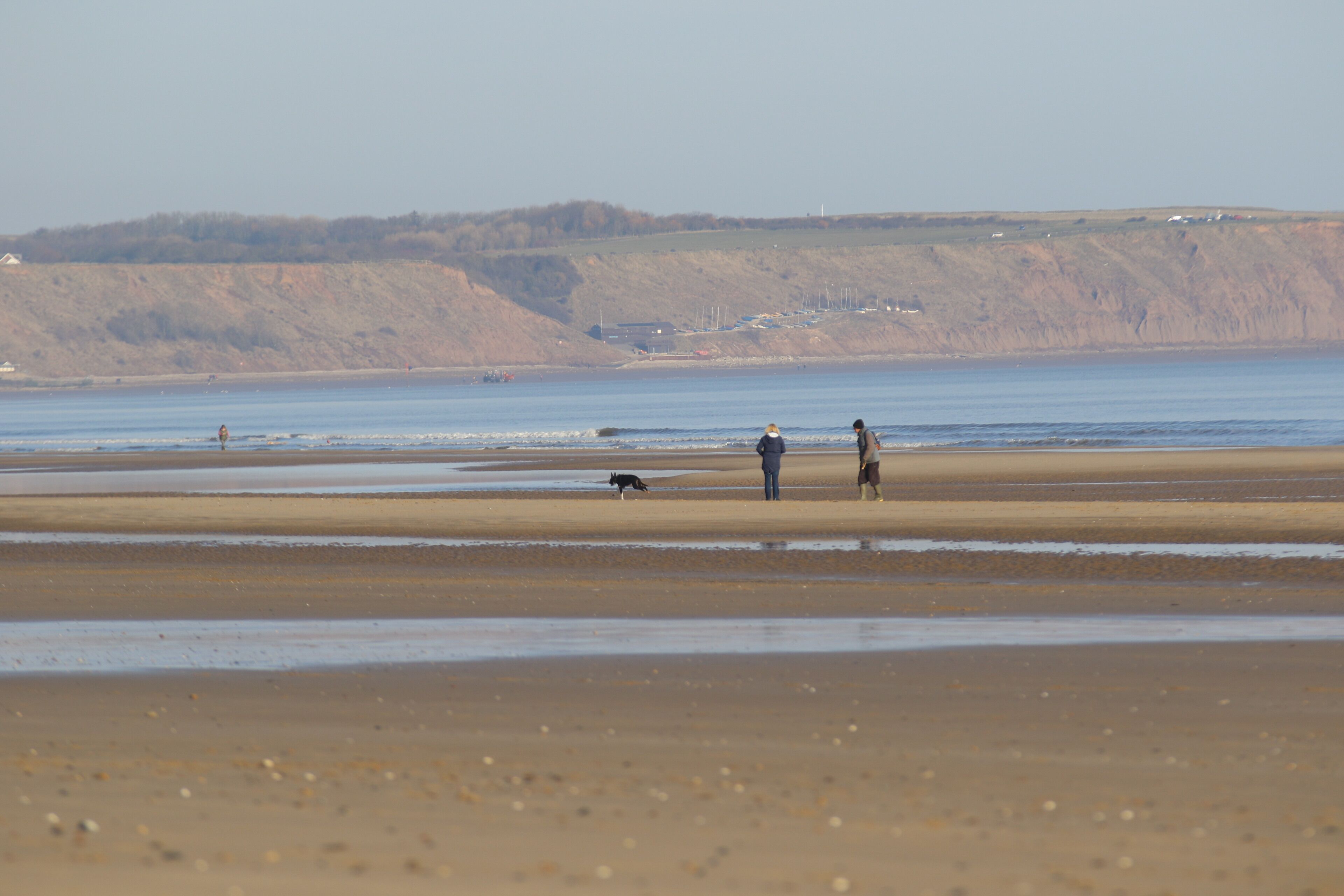A beach with a person and a dog walking, and a distant view of a hilly landscape.
