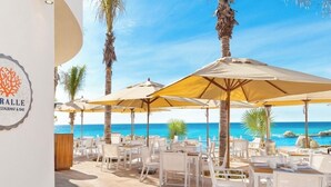A beachside restaurant with outdoor seating, palm trees, and a view of the ocean. - Charming 1-bedroom villa beach front, Thanksgiving week in San José del Cabo (San José del Cabo)