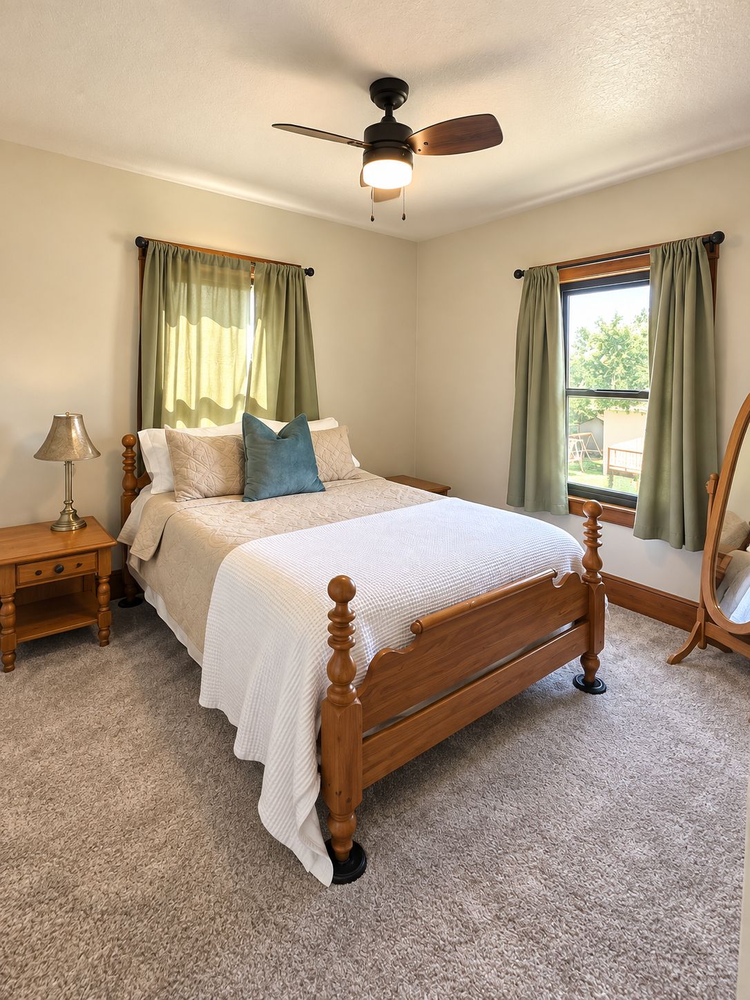 A bedroom with a wooden bed, a nightstand, a lamp, a ceiling fan, and curtains.