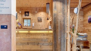 A wooden interior with a reception desk, wooden walls, and a large wooden tree sculpture. - Apartment 'Hotel Residence Olympia 4' with Mountain View, Shared Garden and Wi-Fi (Sarnthein)