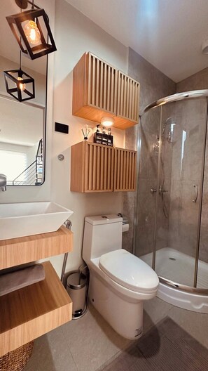 Regadera, bidet, toallas, jabón 