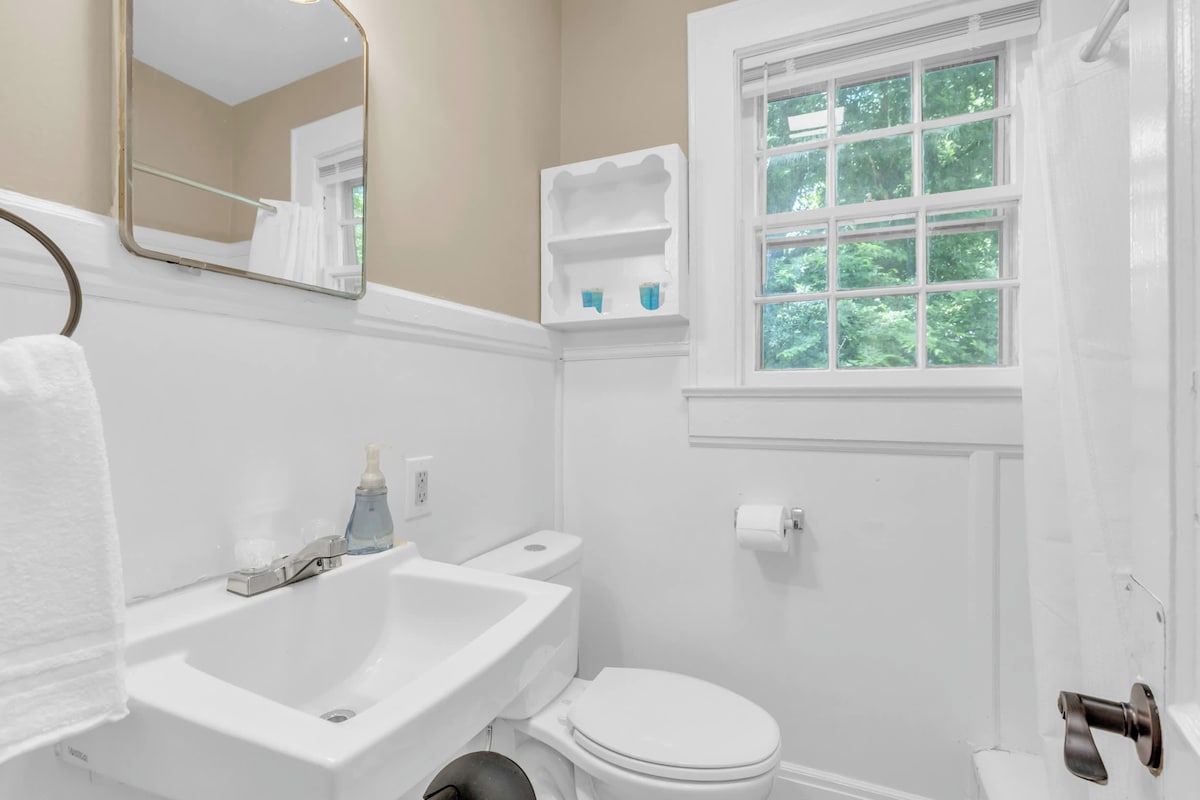 A bathroom with a white sink, toilet, and a window with a view of greenery.