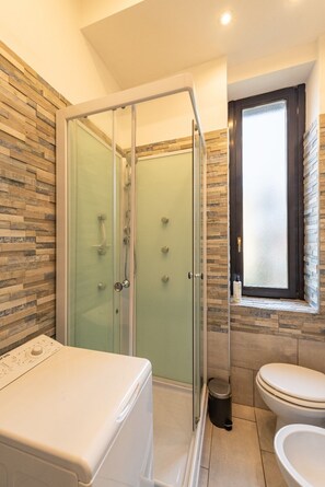 Shower, hair dryer, bidet, towels