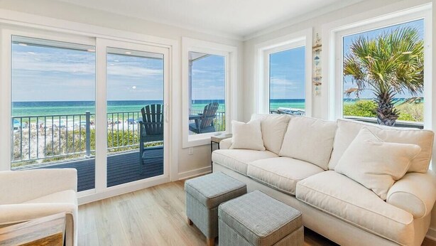 A spacious living room with a large white sofa, two grey ottomans, and a view of the ocean through large windows. - 30A Beachfront | Pool  | Spooky Palms  | Sleeps 10 | Gulf View (Santa Rosa Beach)