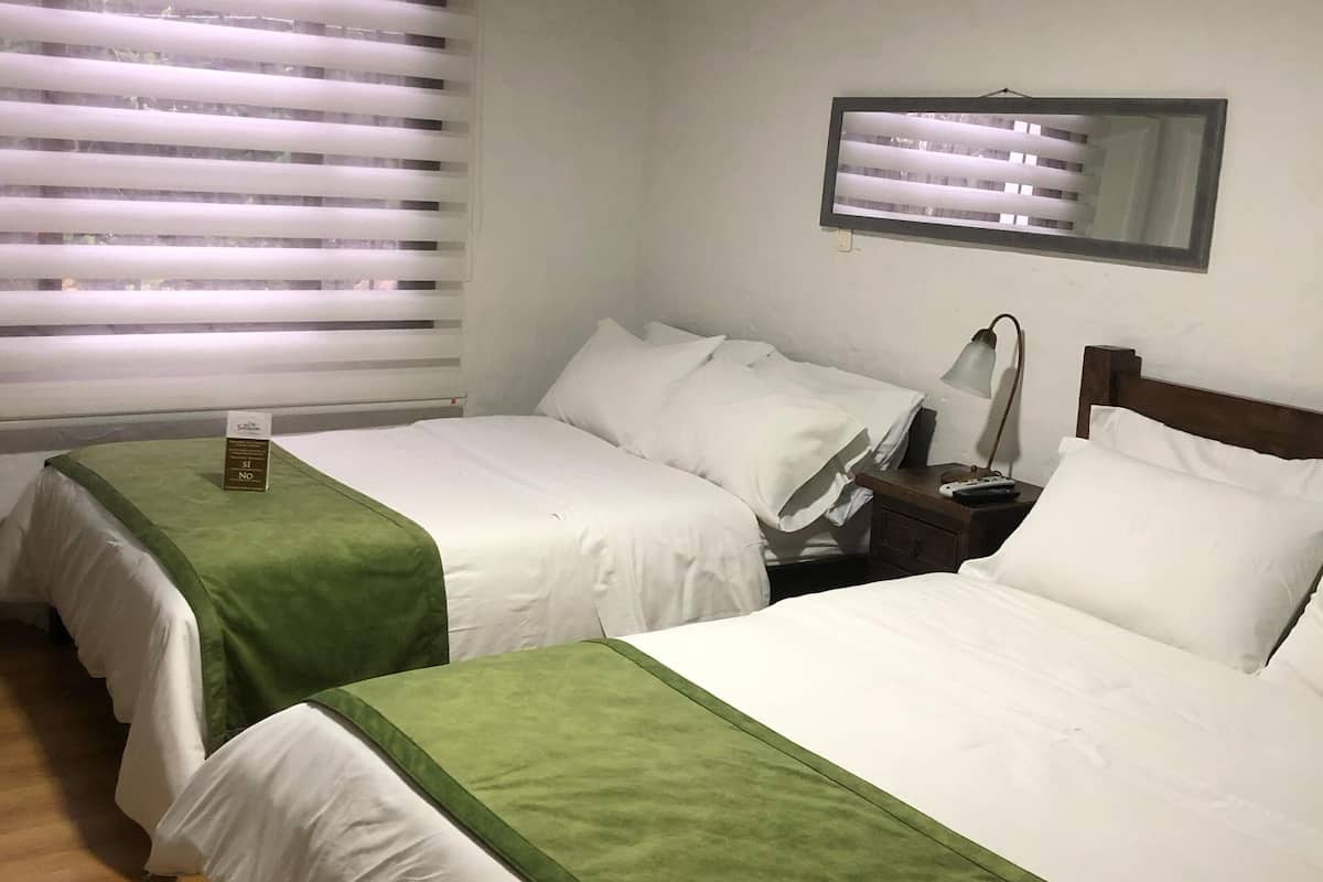 Habitación de hotel con dos camas, cada una con cubrecama verde y blanco, una mesita de noche con lámpara y un espejo en la pared.