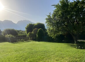 Uma área ao ar livre com grama, árvores e montanhas ao fundo.