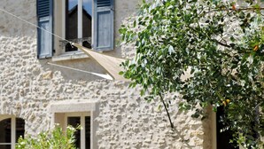 A stone building with a rustic charm, featuring a wooden door and shutters, surrounded by lush greenery and a small outdoor seating area. - Ferme des Millonets - large gîte (Vienne-en-Arthies)