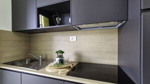 A modern kitchen with a stainless steel sink, a built-in oven, and a small shelf above the counter. - Modern Retreat With a big Terrace (San Michele al Tagliamento)