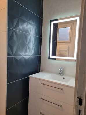 Shower, hair dryer, towels, toilet paper