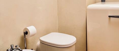 Une salle de bain équipée de toilettes, d’un bidet et d’un lavabo.