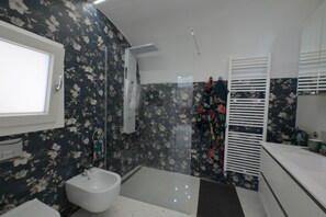 Shower, hair dryer, bidet, towels