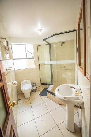 Ducha, cabezal de ducha tipo lluvia, toallas, jabón