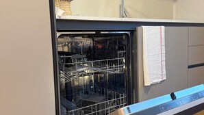 Une cuisine moderne dotée d’un lave-vaisselle encastré, d’un évier en acier inoxydable et d’un plan de travail en bois.