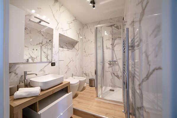 Shower, hair dryer, bidet, towels