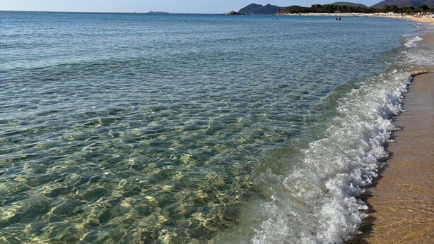 Una spiaggia con acque cristalline e poco profonde, una riva sabbiosa e colline in lontananza.