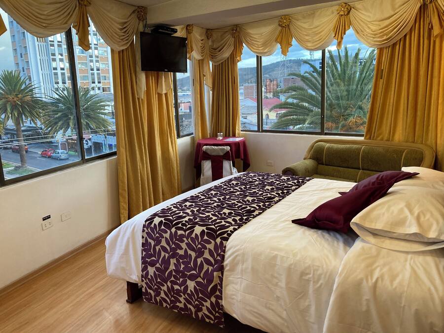 A hotel room with a bed, a TV mounted on the wall, a small table, and a view of palm trees and buildings outside.