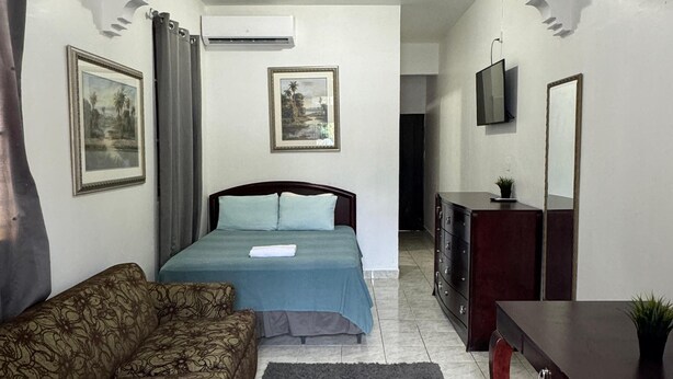 A bedroom with a bed, a sofa, a desk, a TV, and two framed pictures on the wall.