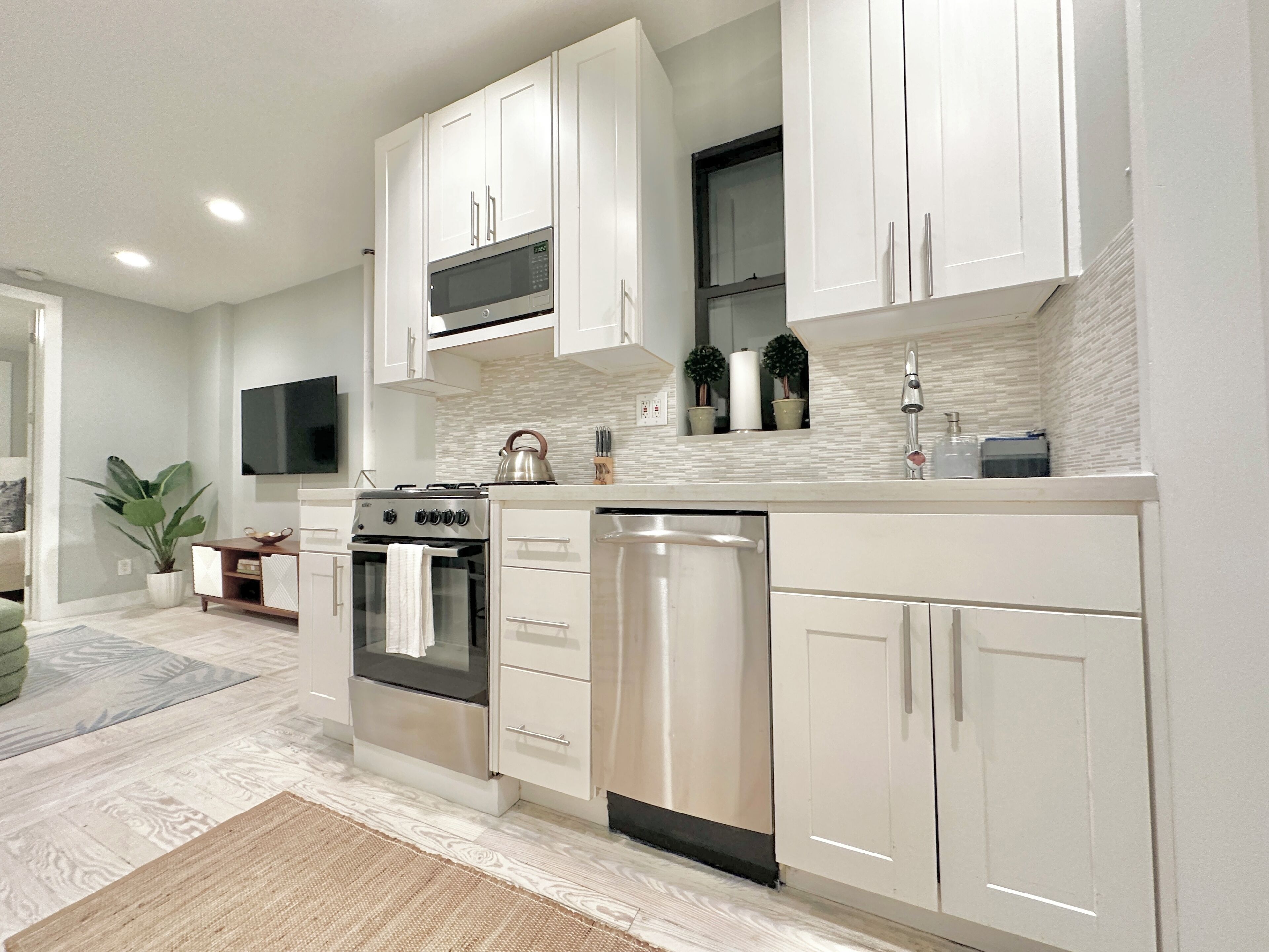 A modern kitchen with white cabinets, stainless steel appliances, a flat-screen TV, and a potted plant.