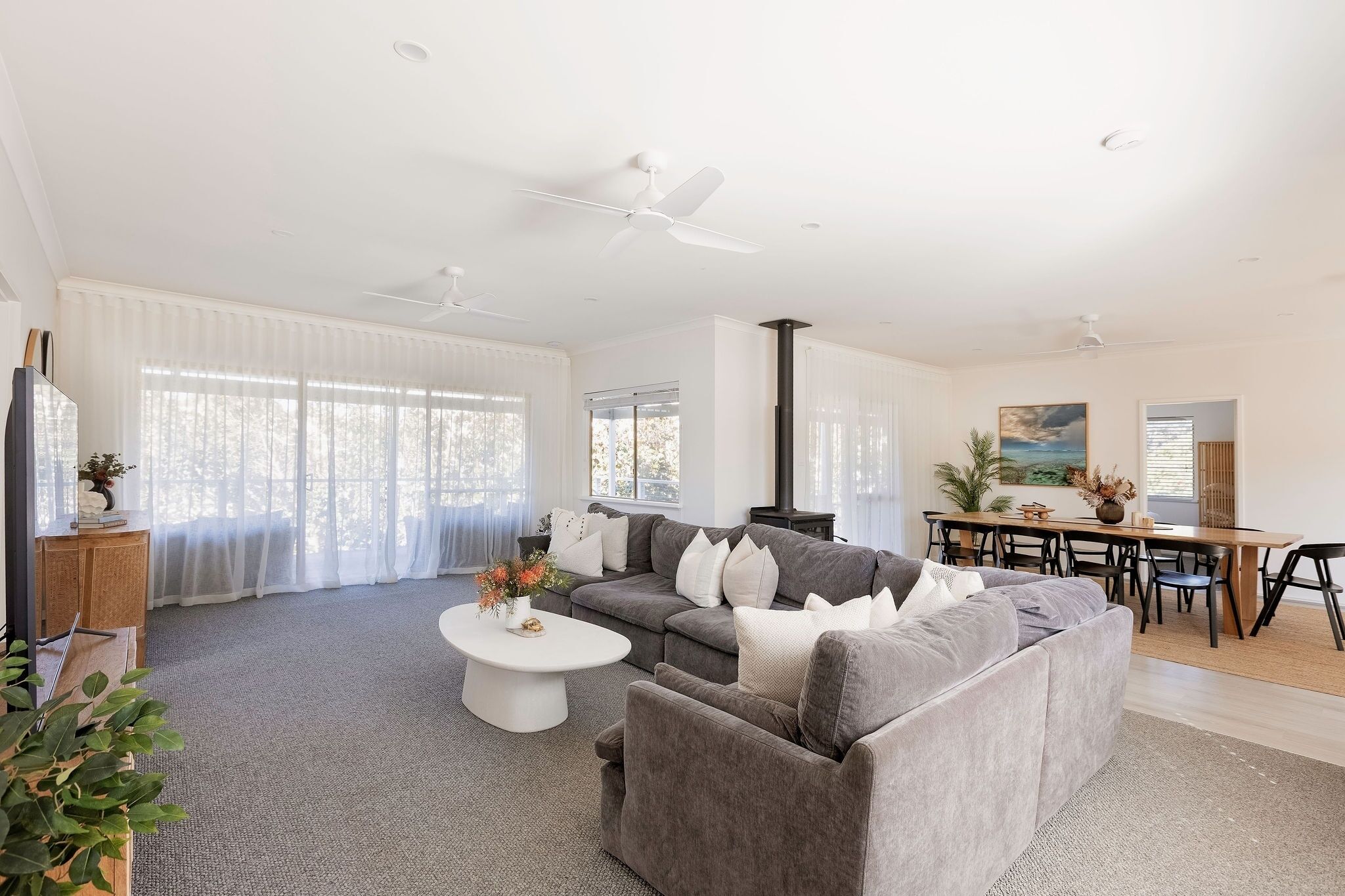 TV, fireplace, books, stereo