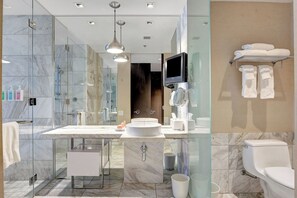 Shower, jetted tub, hair dryer, towels
