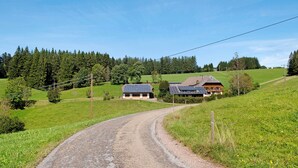 A rural road leading to a house with solar panels, surrounded by green fields and trees. - Room 'Doppelzimmer' with Mountain View, Shared Garden and Wi-Fi (Furtwangen)