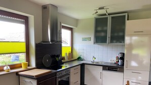 A modern kitchen with a stove, oven, and built-in dishwasher. - Apartment 'Heinrich' with Private Terrace, Garden, and Wi-Fi (Schramberg)