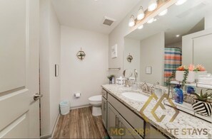 Hair dryer, towels, soap, toilet paper