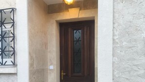 Eine dunkle Holztür mit Glasfenster, einer Fußmatte und einem Blumentopf daneben.
