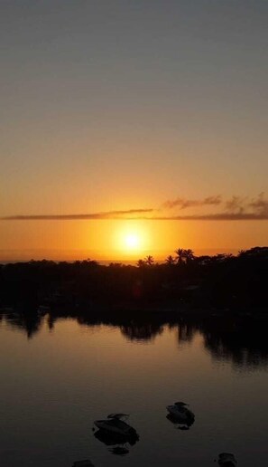 A sunset over a calm body of water with silhouettes of palm trees and a distant horizon. - Vila Ohana Beira Mar (Porto Seguro)